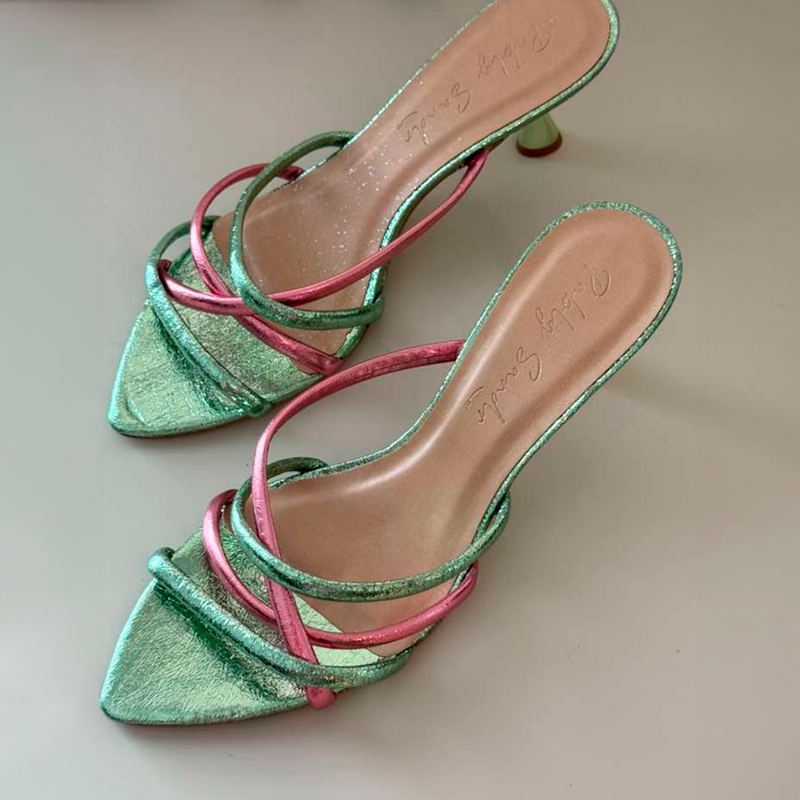 Open Mule Metalizado Verde com Rosa