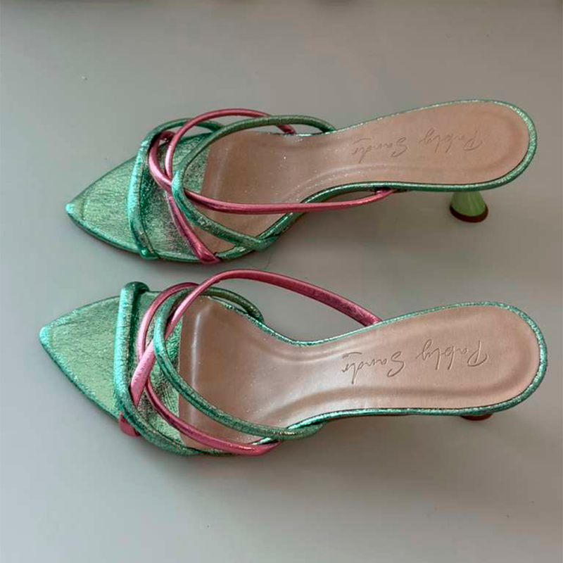 Open Mule Metalizado Verde com Rosa